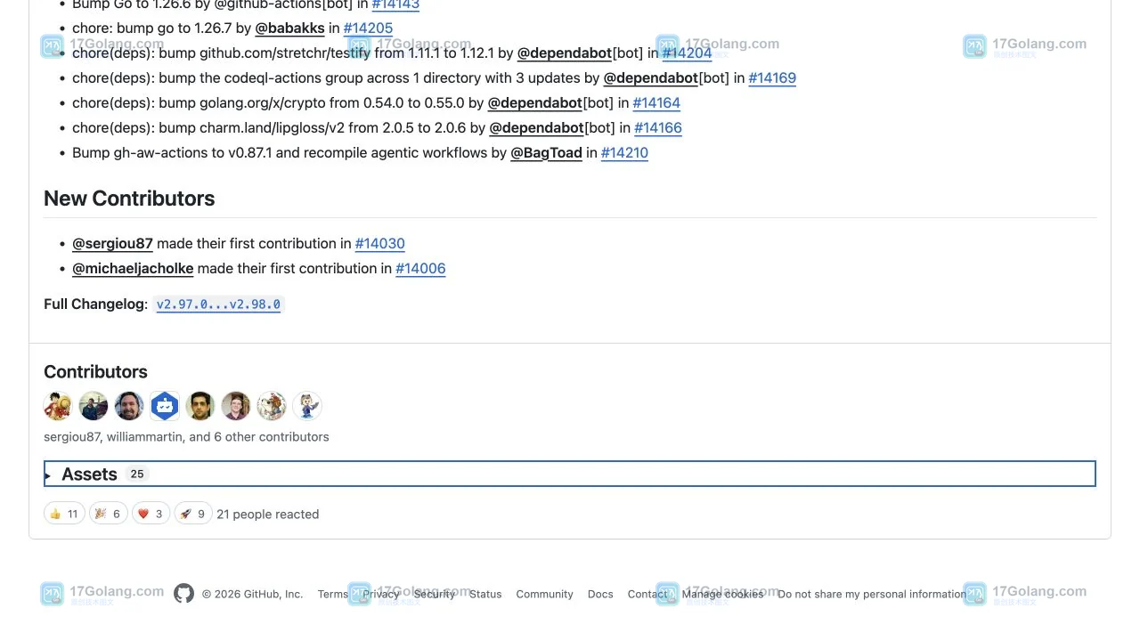 GitHub CLI v2.98.0 官方版本详情页,显示 Latest、v2.98.0 标签与 Assets 25 入口