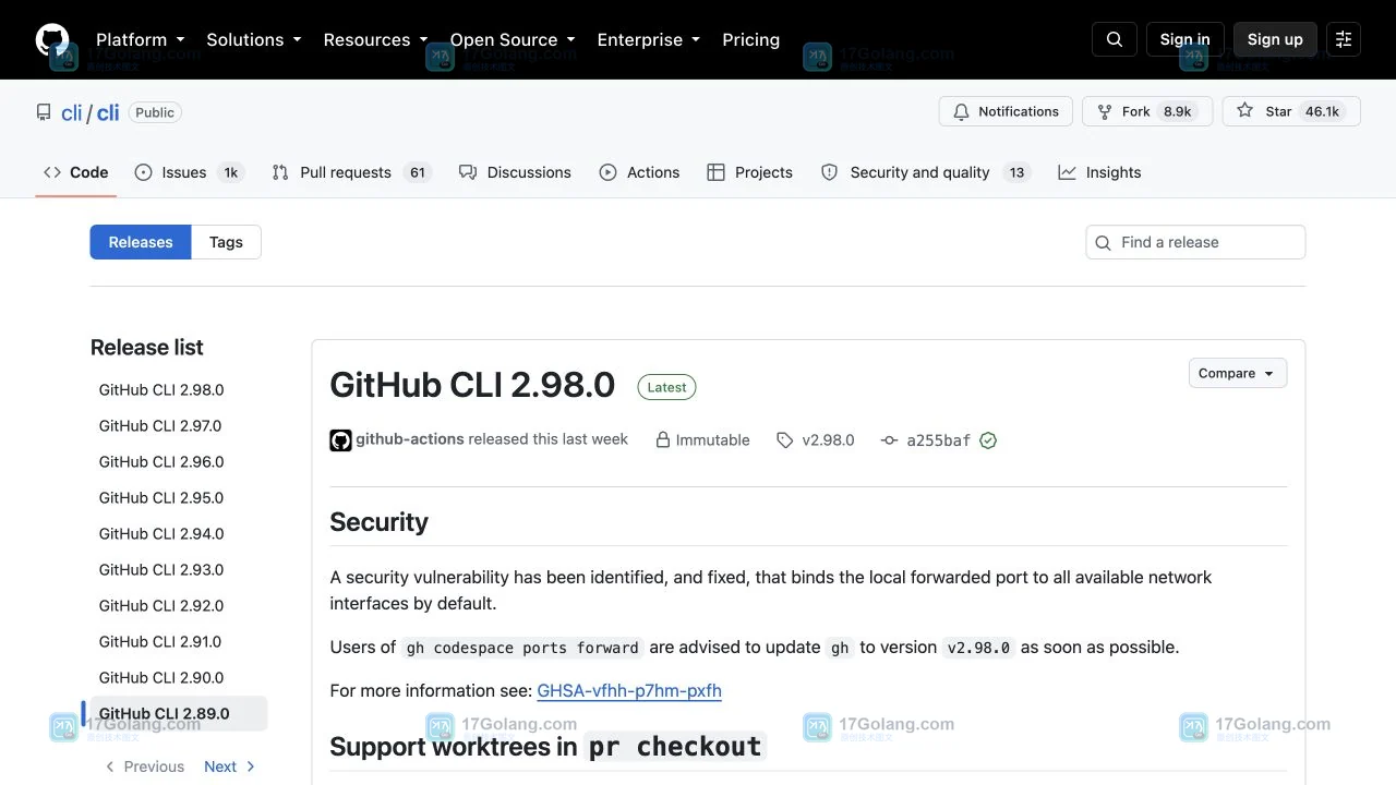 GitHub CLI 官方仓库 Releases 列表页,显示版本导航与 GitHub CLI 2.98.0 发布卡片