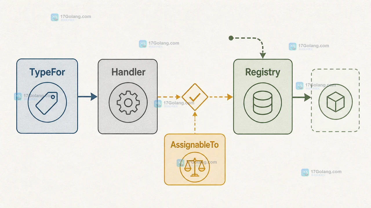 Go reflect.TypeFor 取得 Handler 类型后,Registry Register 用 reflect.TypeOf 和 AssignableTo 校验动态处理器的数据流
