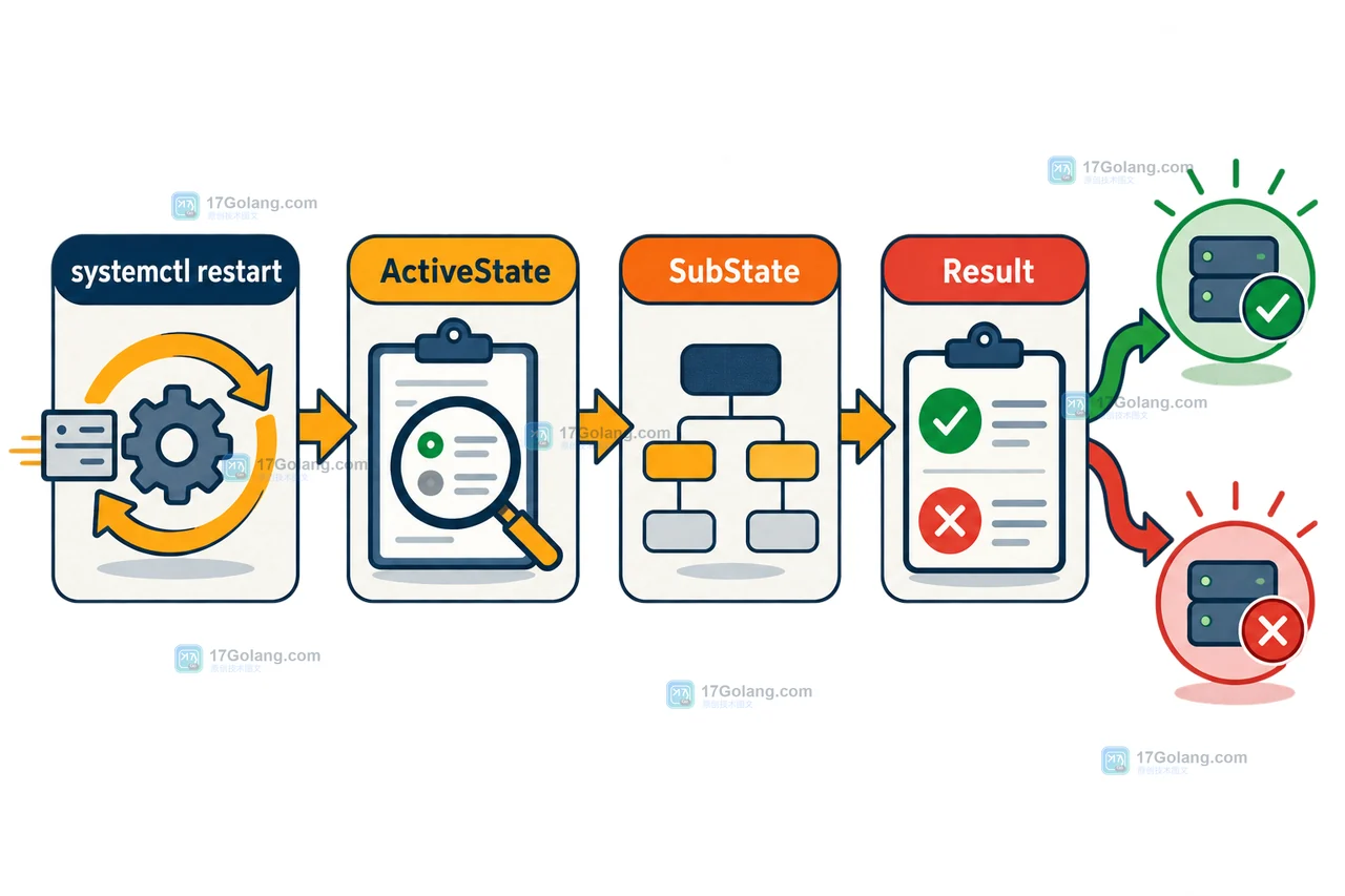 服务重启后通过 ActiveState、SubState、Result 与 MainPID 判断服务状态变化