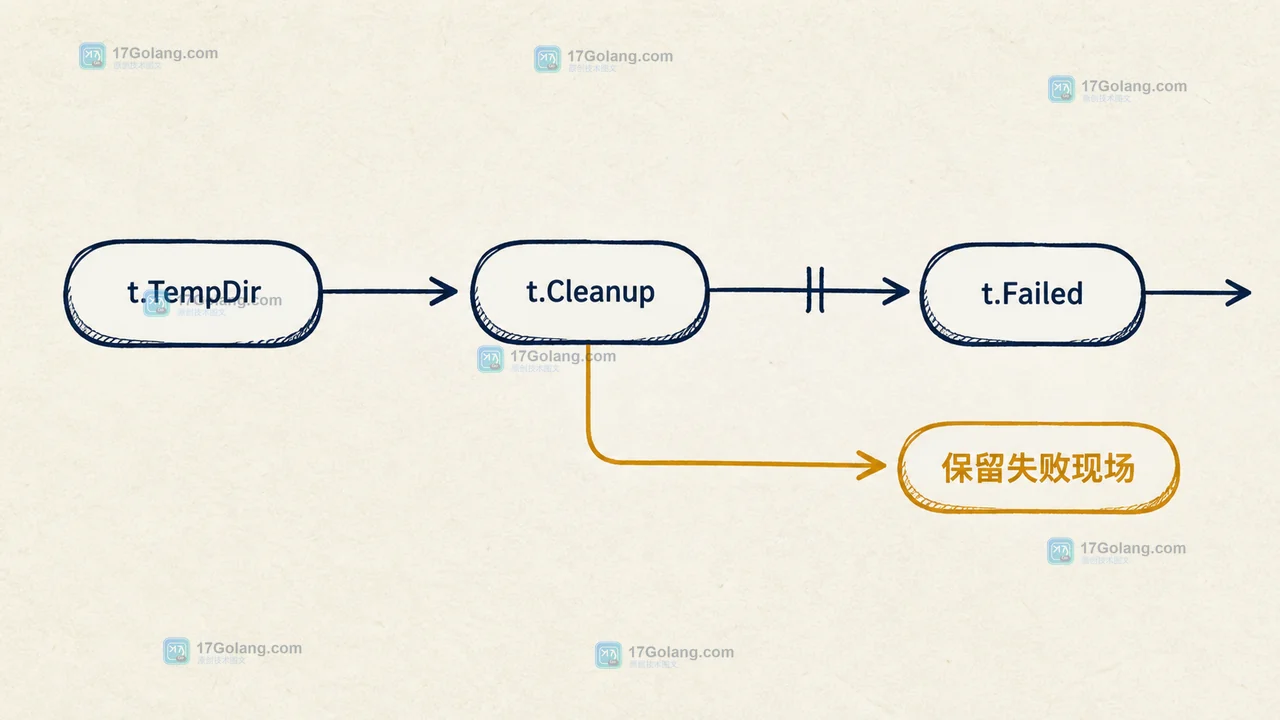 Go testing.T 的 t.TempDir、t.Cleanup 与 t.Failed 调用链,成功删除、失败保留临时目录