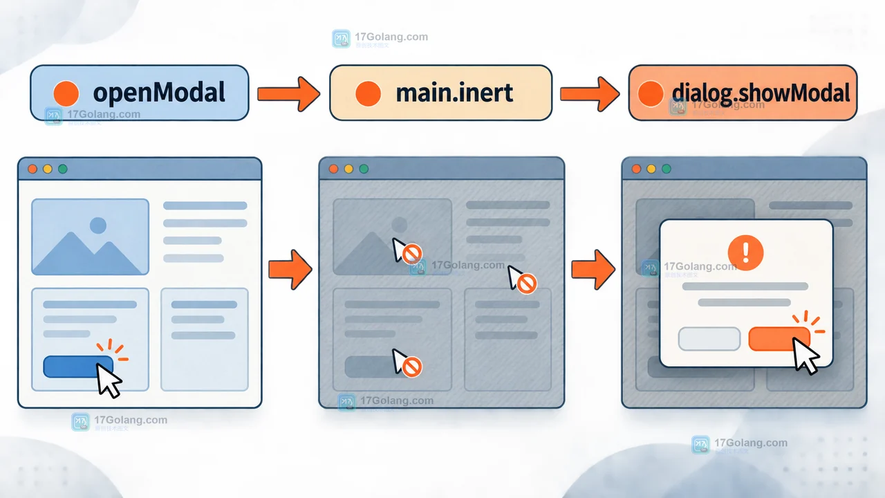 打开模态层时 openModal 设置 main.inert 并调用 dialog.showModal 的控制流示意图