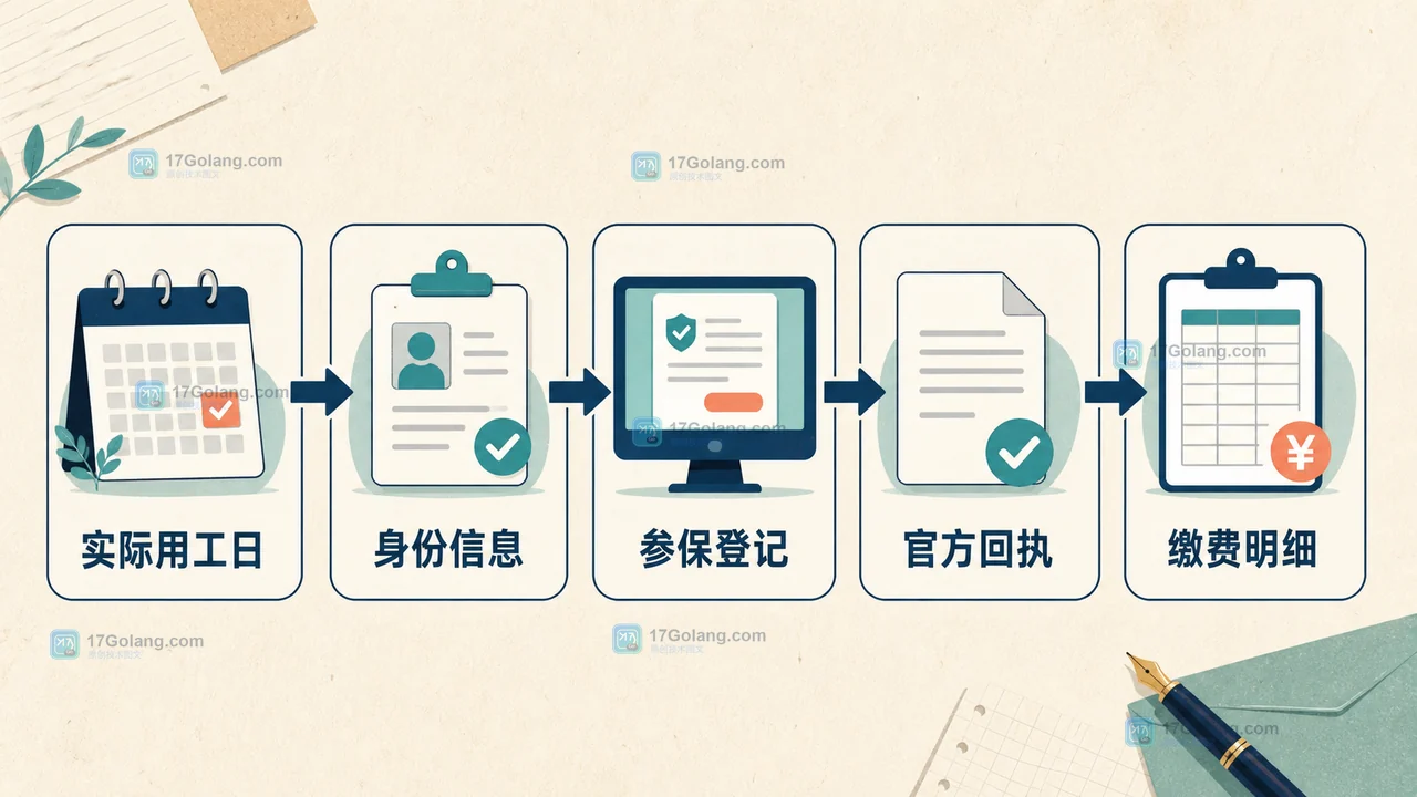 新员工从实际用工日到社保登记和缴费核对的企业用工流程示意图