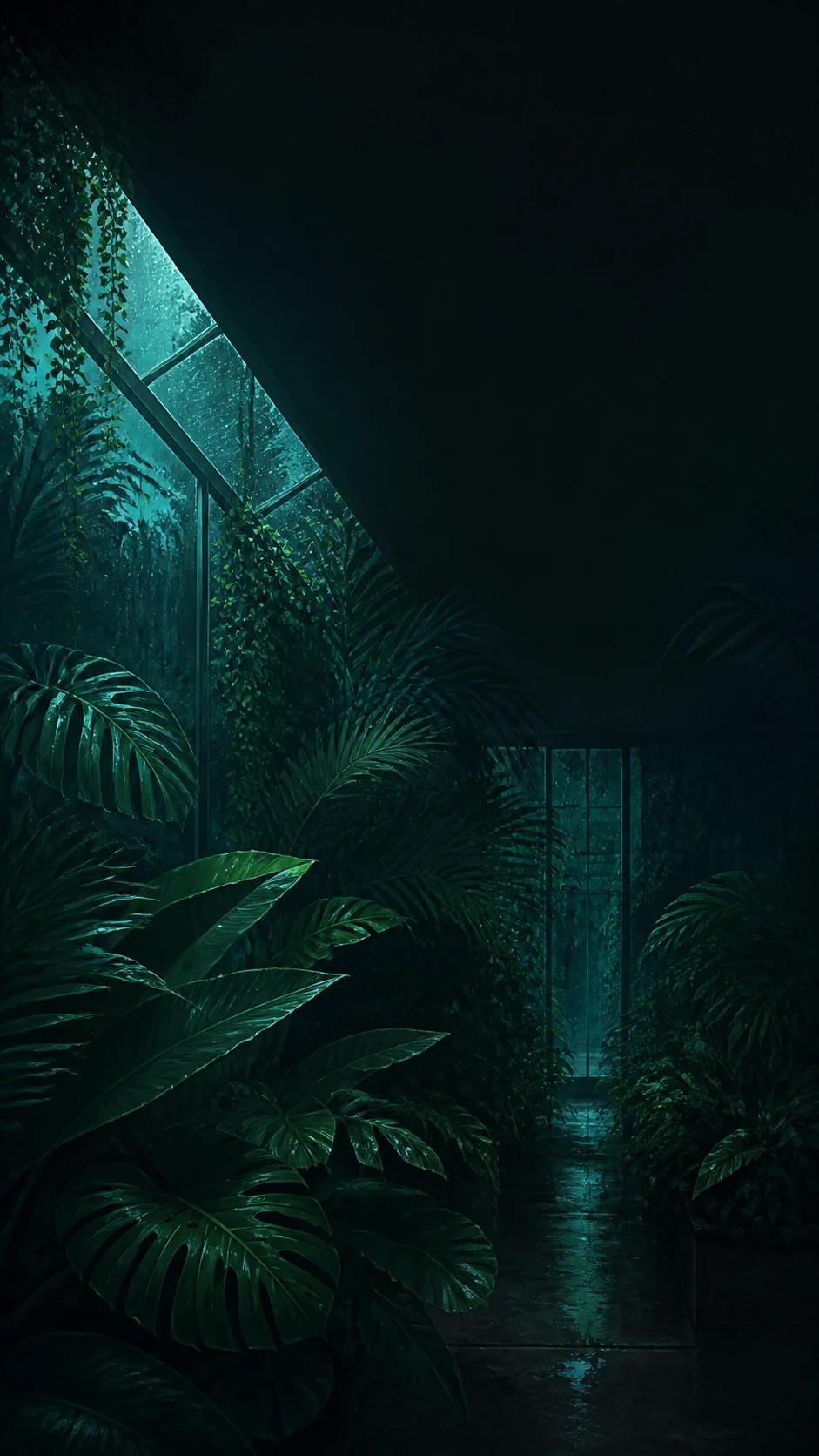 雨夜青绿色植物温室手机壁纸,叶片位于下方并为锁屏保留暗色留白