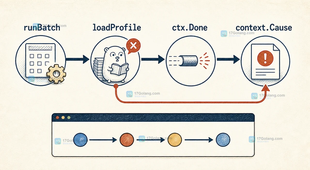 Go runBatch、loadProfile、ctx.Done 与 context.Cause 的并发错误回传调用链