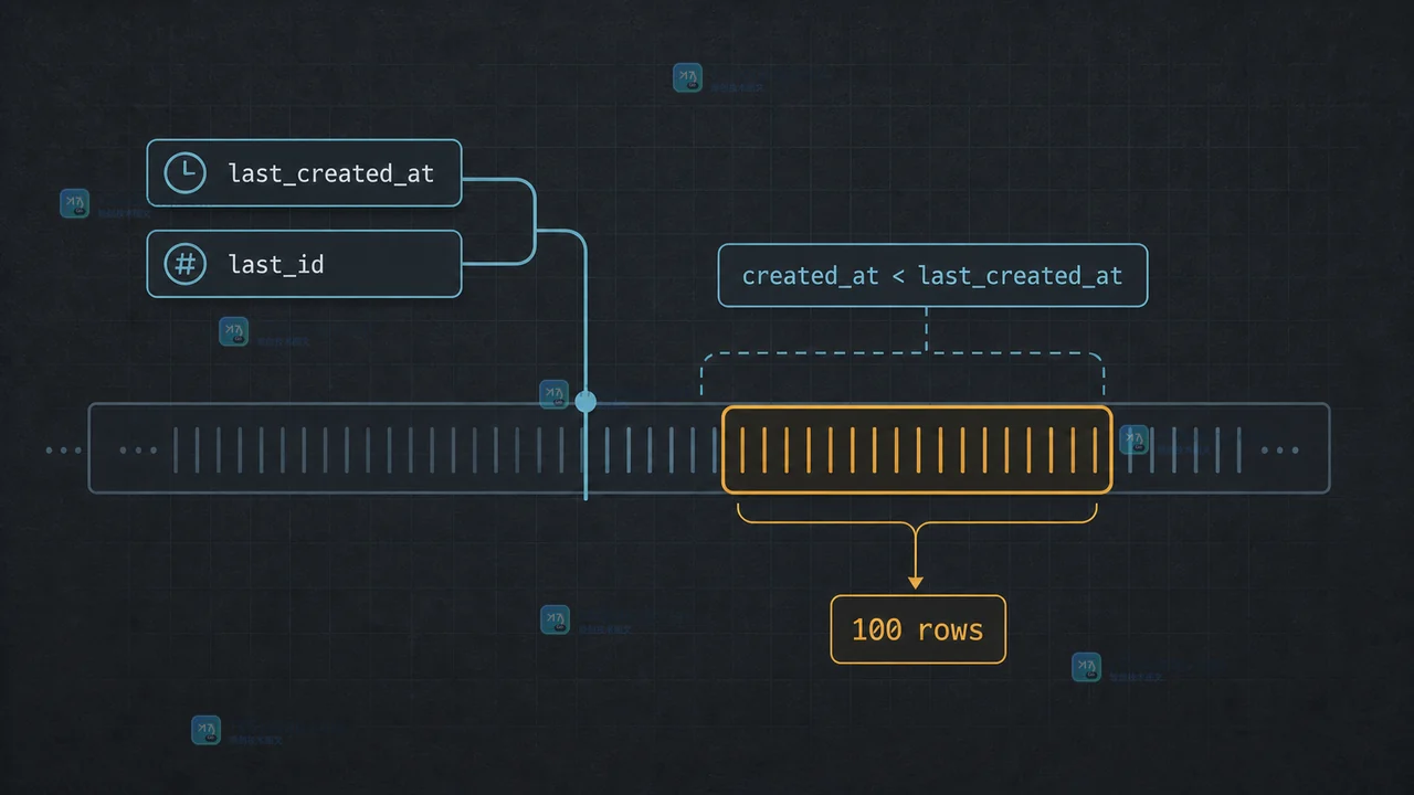 MySQL 游标分页使用 last_created_at 与 last_id 进入联合索引范围并连续返回下一页 100 行