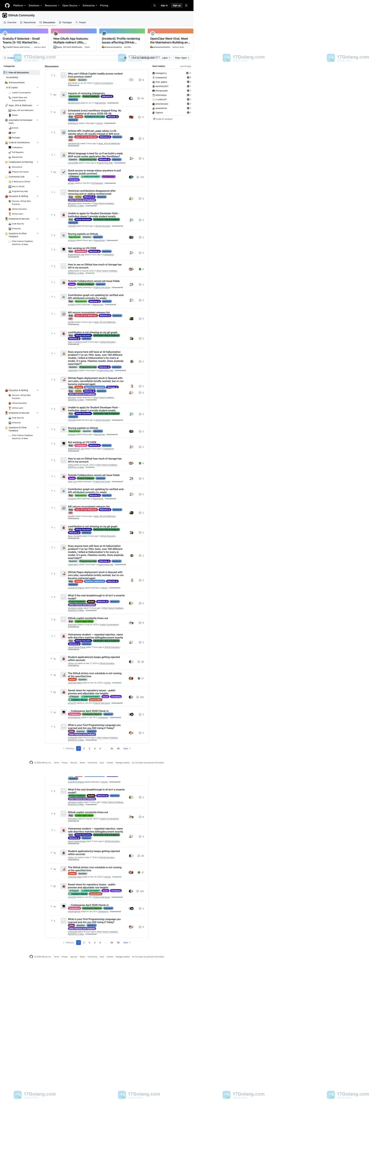 GitHub Community Discussions 入口页,显示组织导航、搜索栏和 Categories 分类列表