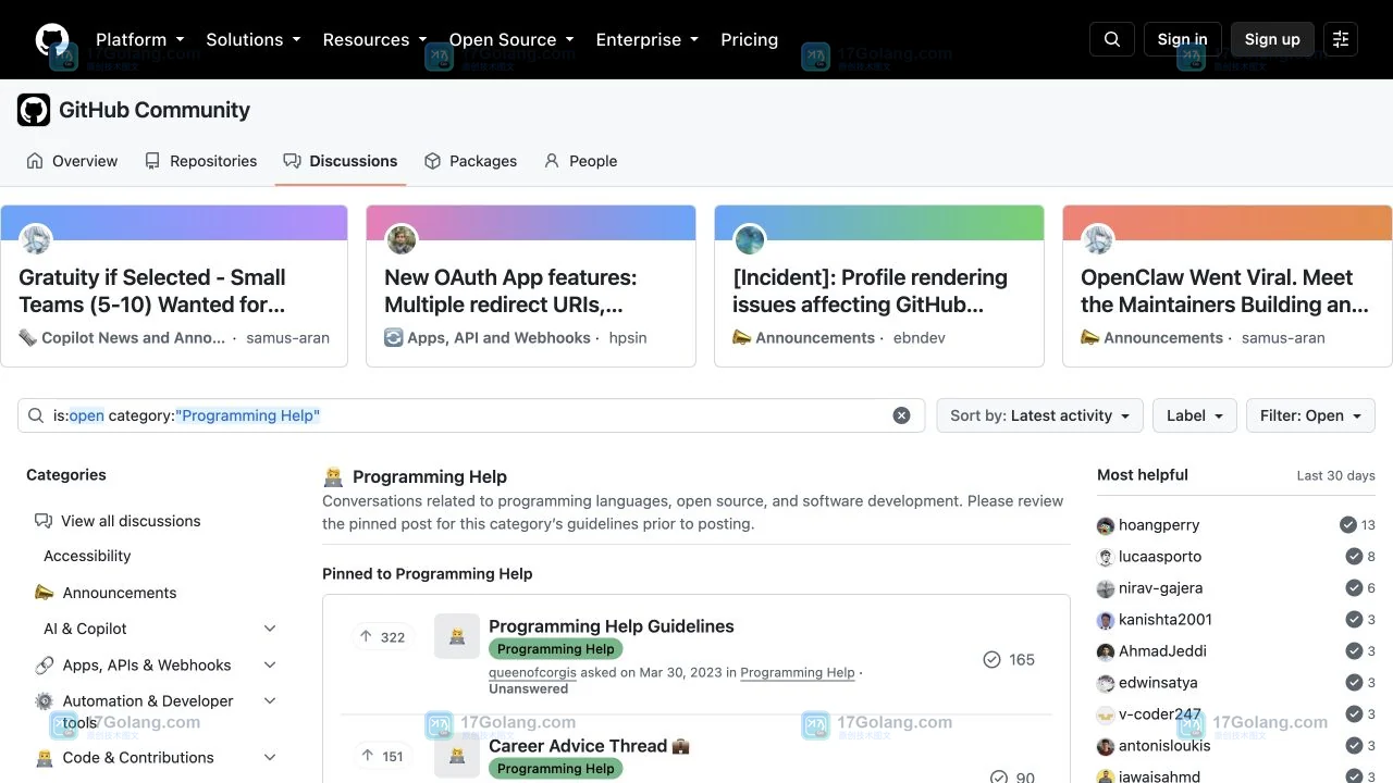 GitHub Community Programming Help 分类页,显示分类说明和置顶讨论区域