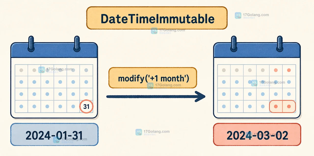 PHP DateTimeImmutable 从 2024-01-31 调用 modify 加月后越过二月到达 2024-03-02 的原因对照图