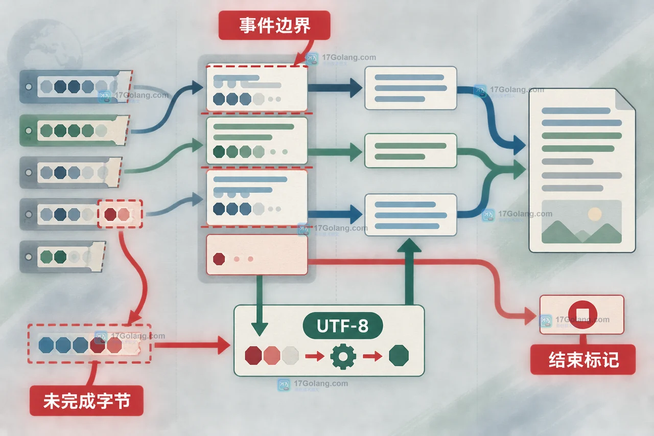 SSE 事件边界与 UTF-8 未完成字节分开处理,结束标记不进入正文的技术示意图