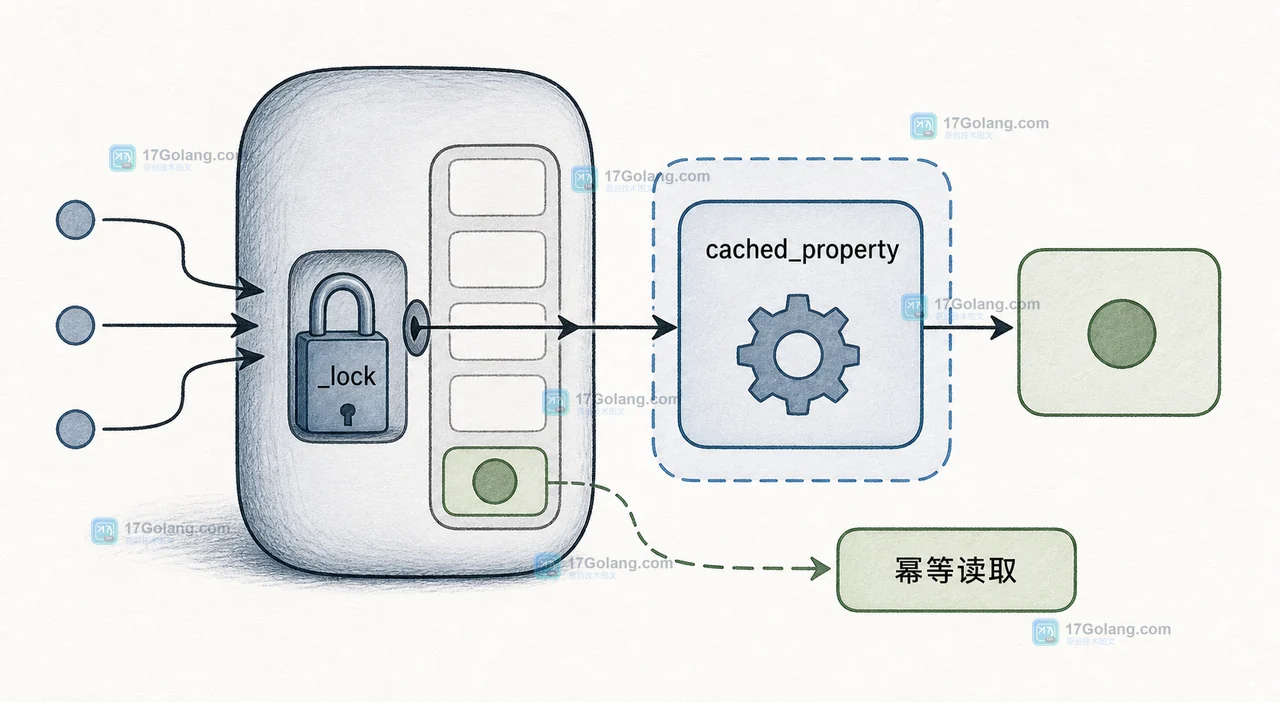 Python cached_property 使用实例级 _lock 将重复初始化收敛为一次的调用链示意图
