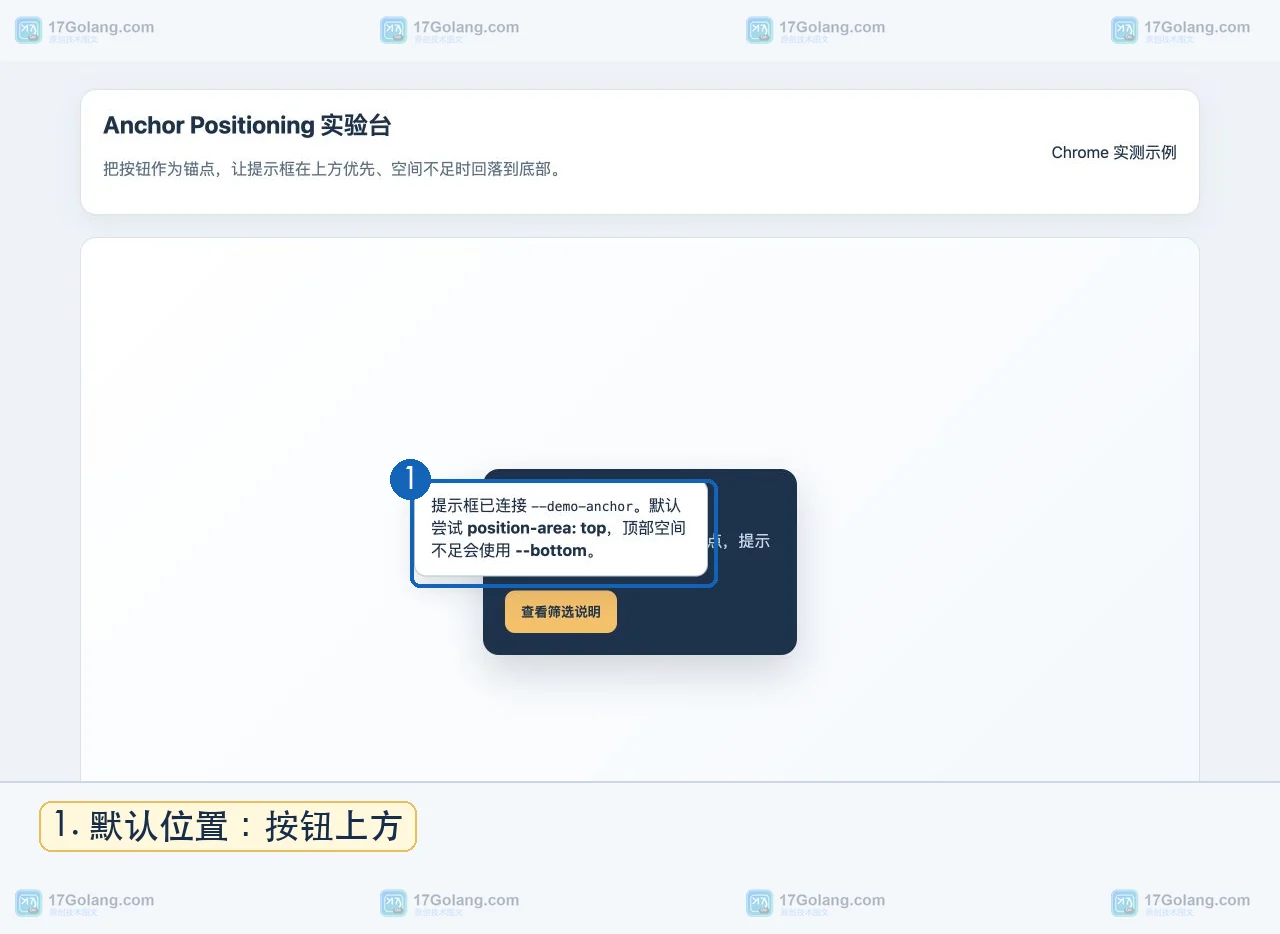 浏览器实验页中按钮上方显示与锚点连接的提示框