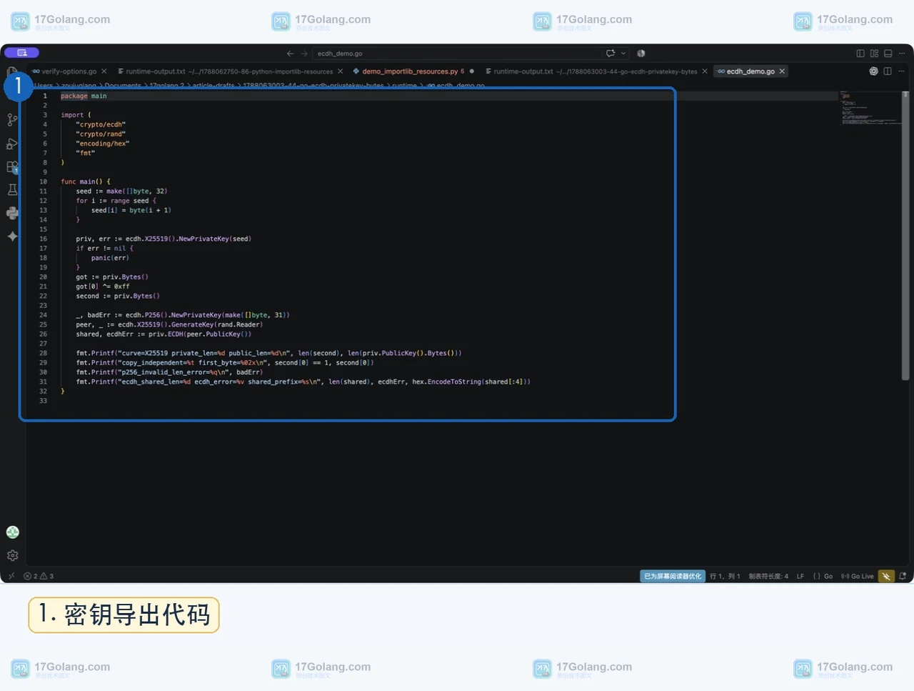 Go 编辑器中展示 crypto ecdh 私钥构造和 Bytes 调用代码