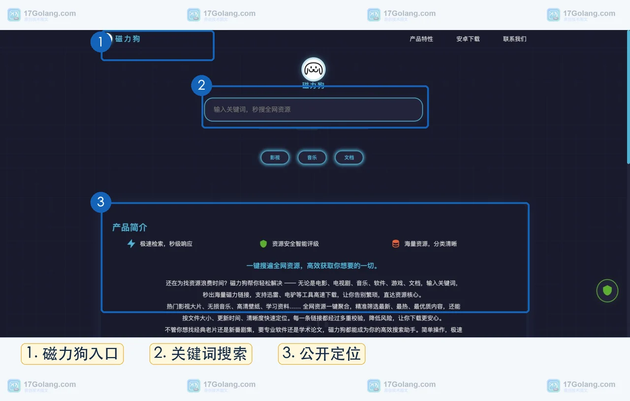 磁力狗官网首页真实截图,展示产品入口与资源检索定位