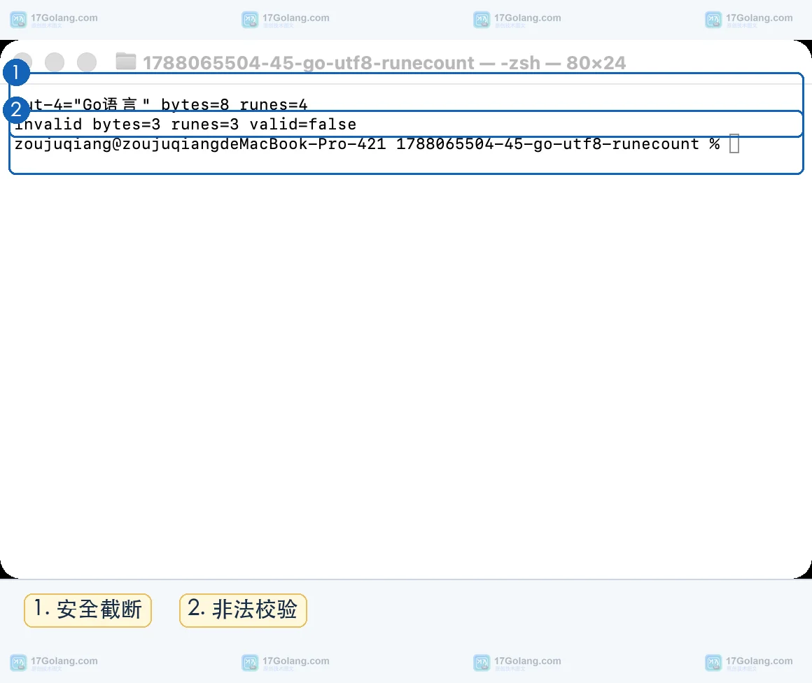 Go 终端显示按 rune 截断后的结果以及非法 UTF-8 的校验结果