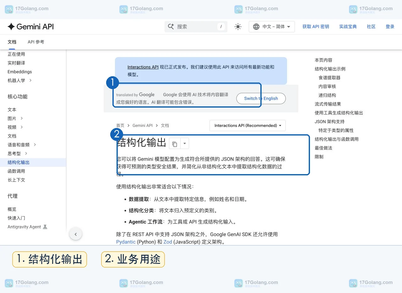 Google Gemini 结构化输出官方页面展示 JSON 架构、数据提取和分类用途