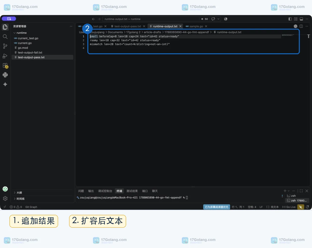 Go fmt.Appendf 在 Terminal 中展示小容量切片追加后的长度容量和文本