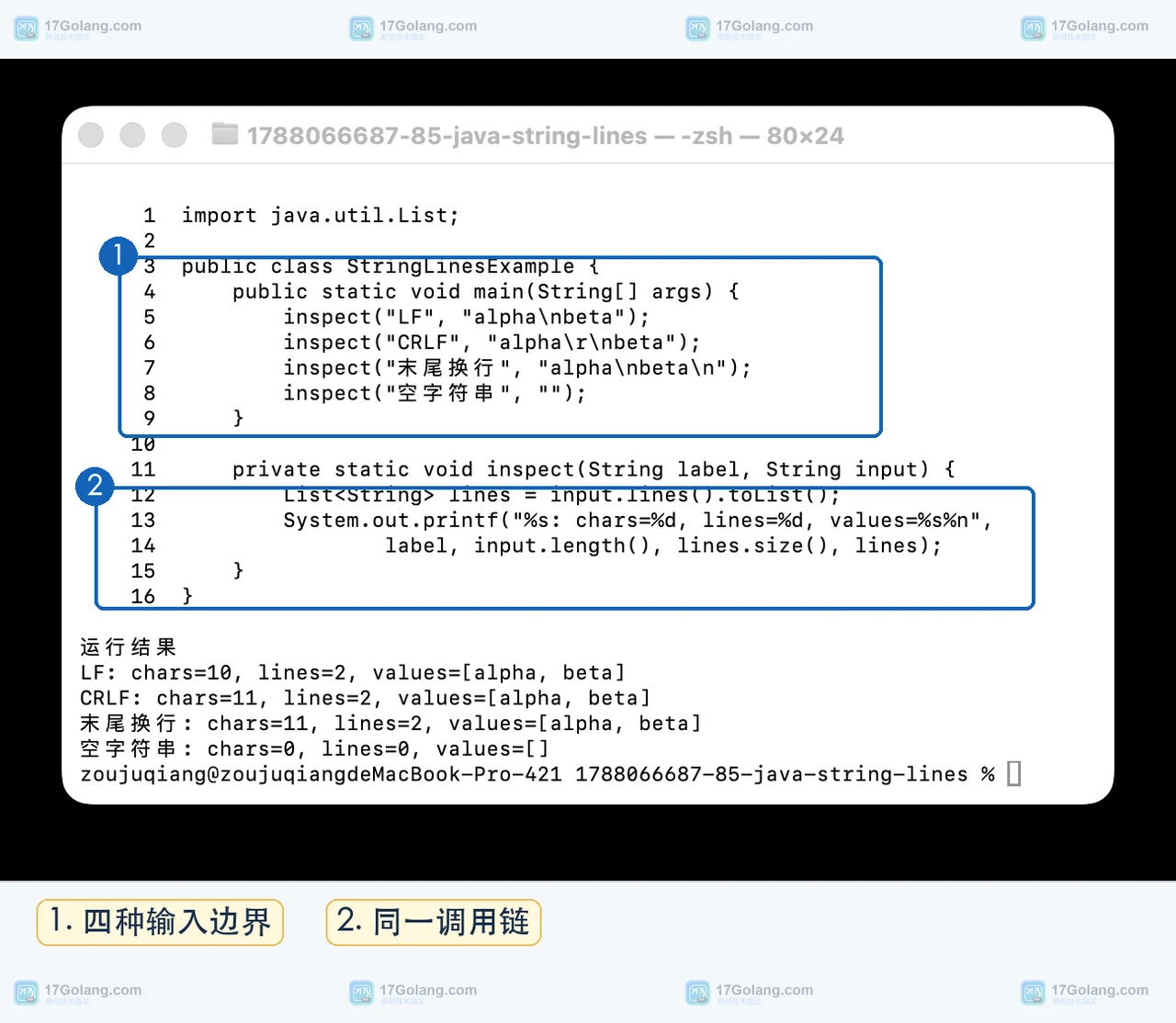 Java String.lines 示例中 LF、CRLF 和末尾换行输入的真实终端代码与命令
