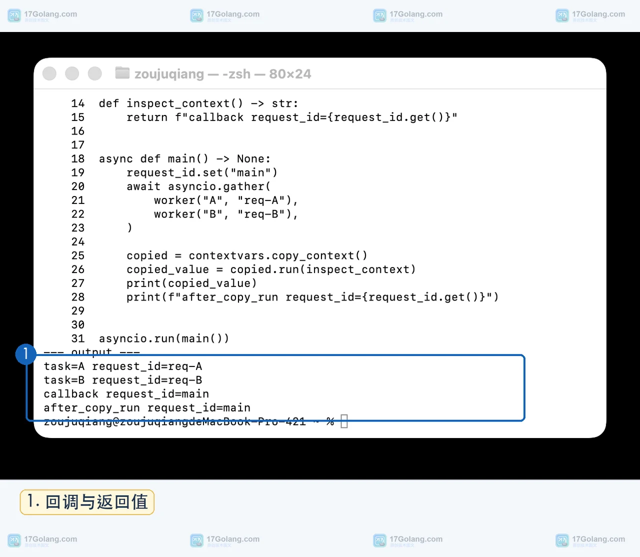 Python copy_context 与 Context.run 回调先读到 main 返回后恢复 main 的真实终端结果