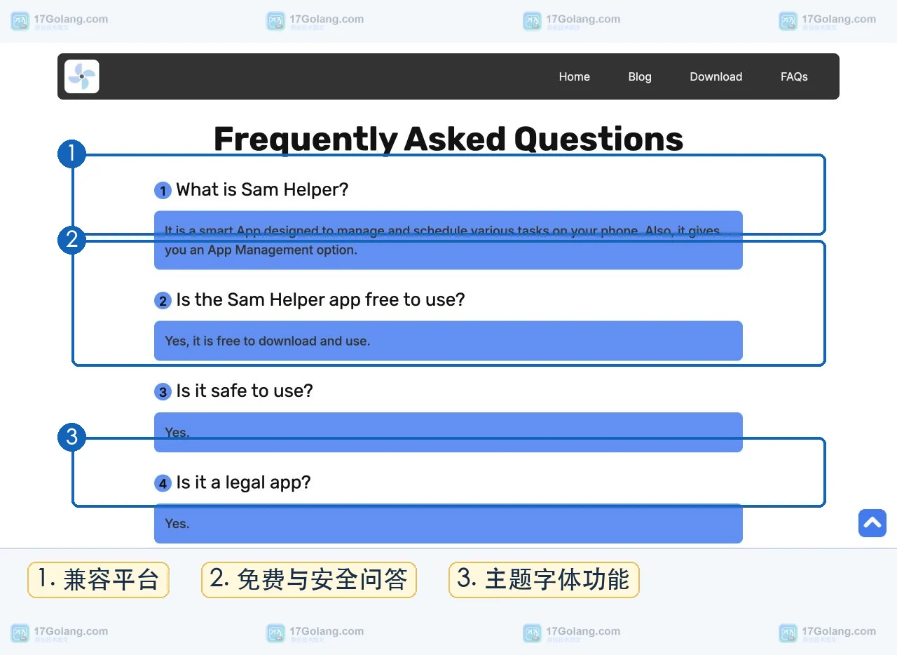 Sam Helper FAQ 中兼容性、免费使用与功能问答真实截图