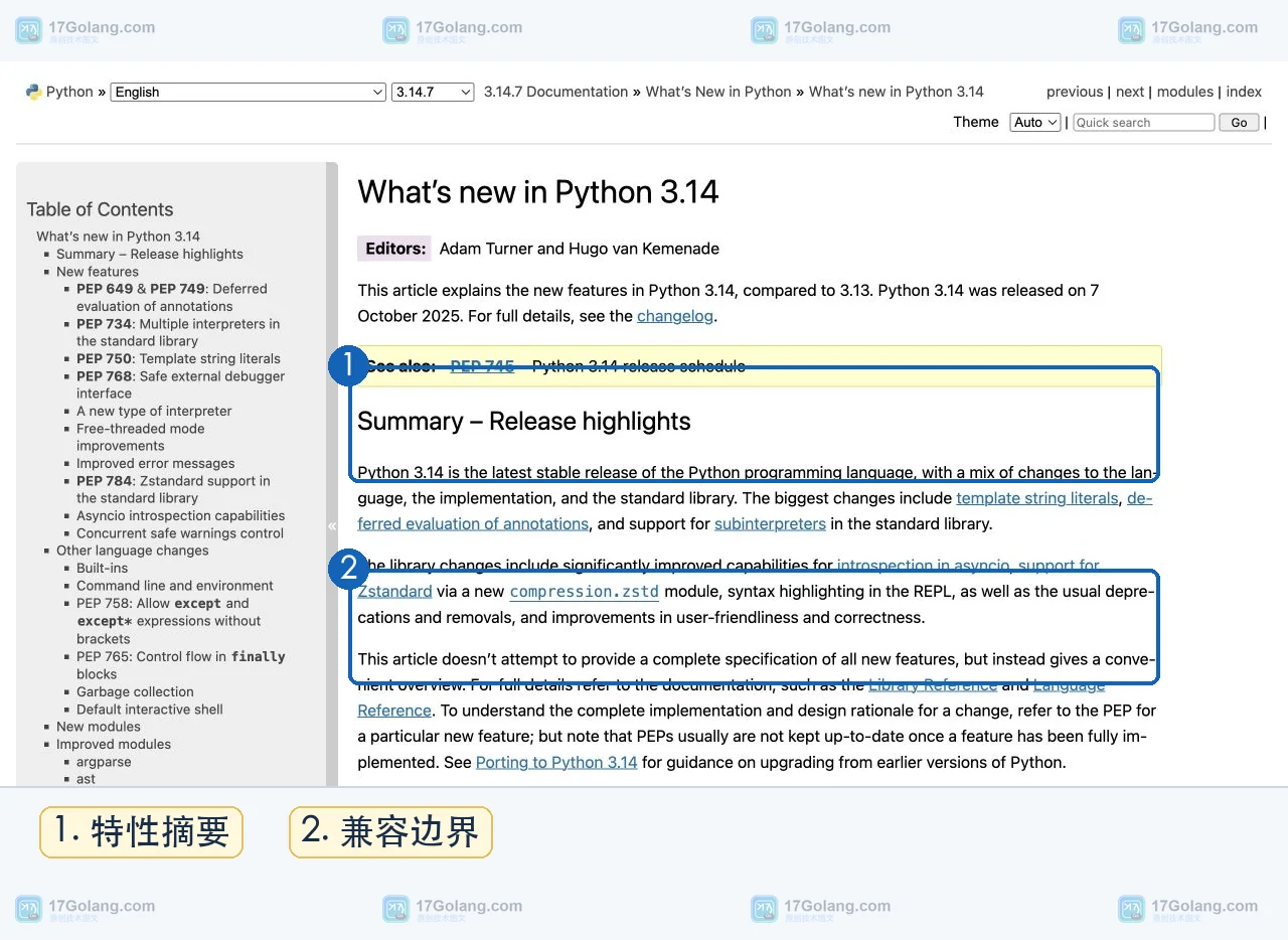 Python 3.14 官方文档列出免费线程、多解释器与 compression.zstd 等变化