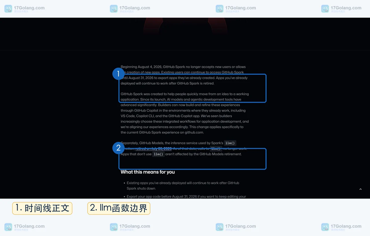 GitHub Spark 官方 Changelog 显示停止新建、导出期限与 llm 函数退休的时间线