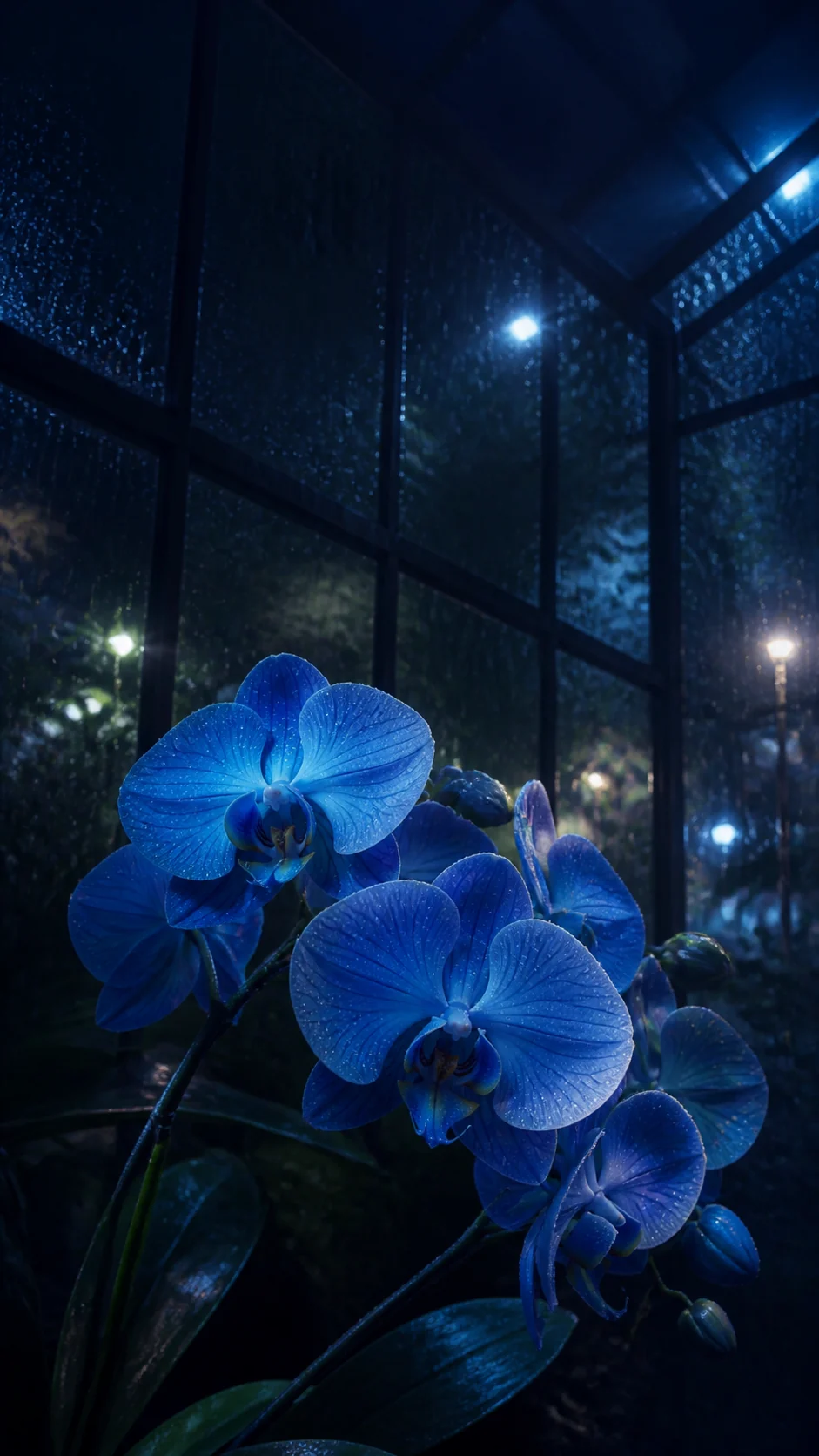 雨夜玻璃温室中下半部的蓝色蝴蝶兰与顶部锁屏留白