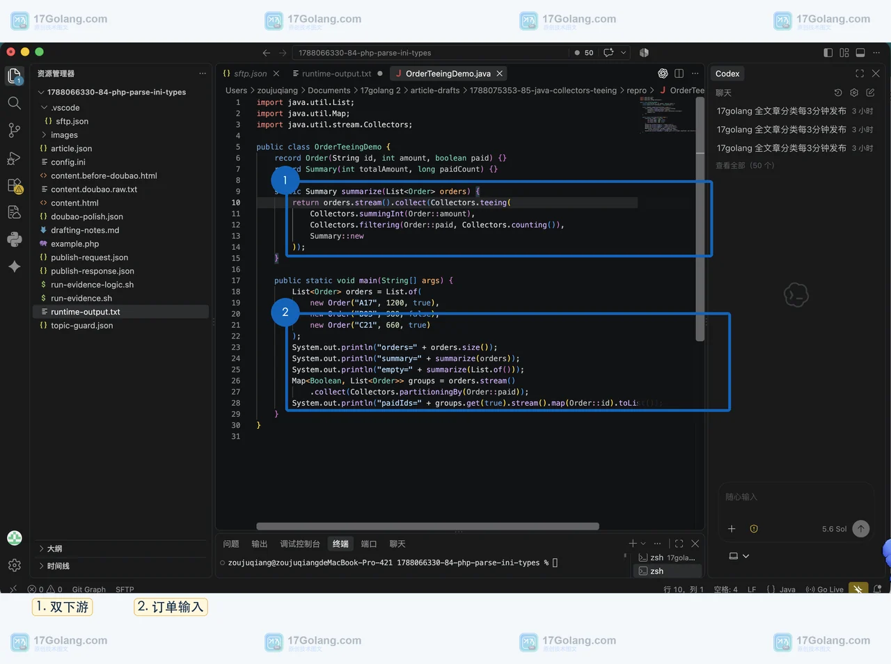 VS Code 中的 Java Collectors.teeing 源码显示订单输入进入金额求和与已支付计数两个下游