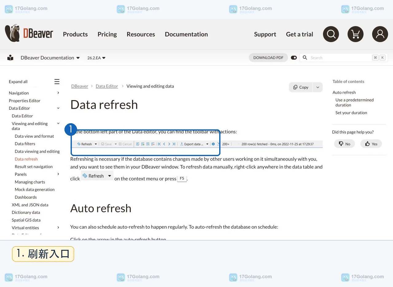 DBeaver 官方文档中的 Data refresh 页面,展示数据编辑器底部 Refresh 工具按钮与 F5 快捷键