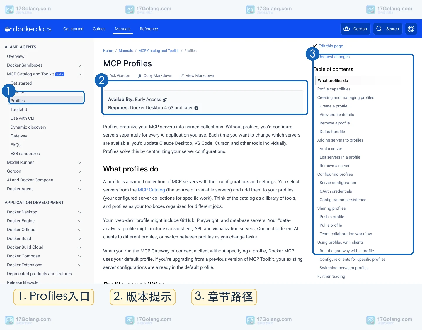 Docker 官方文档展示 MCP Toolkit Profiles 入口和 Profile 功能边界