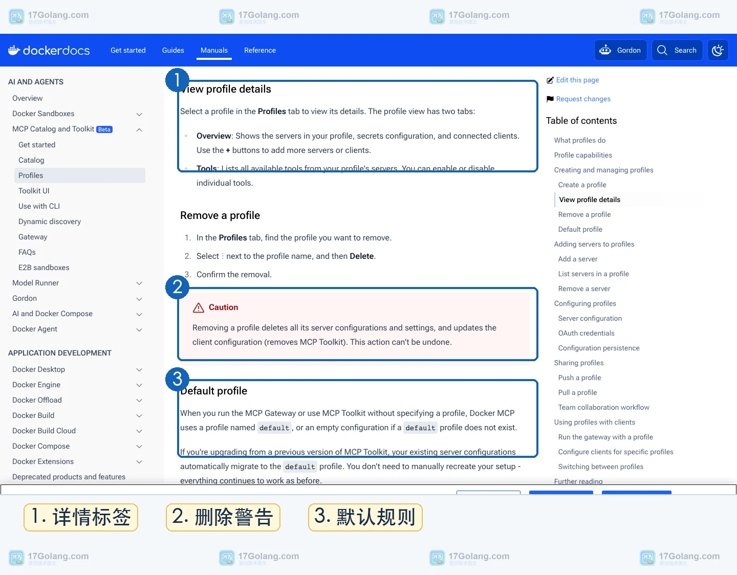 Docker 官方文档展示 Profile 的服务器配置入口和重启后持久化说明