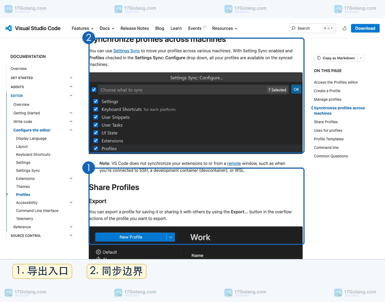 VS Code Profiles 编辑器中目标 Profile 的 Export 导出操作入口
