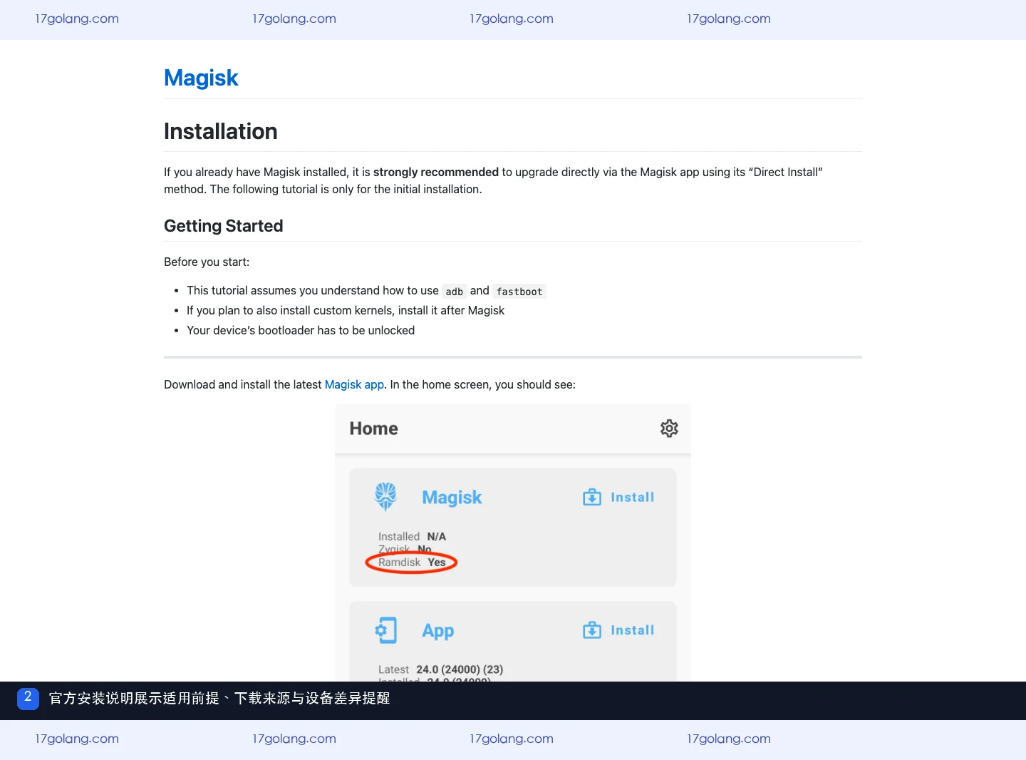 Magisk 官方安装页展示前置条件下载来源与设备差异