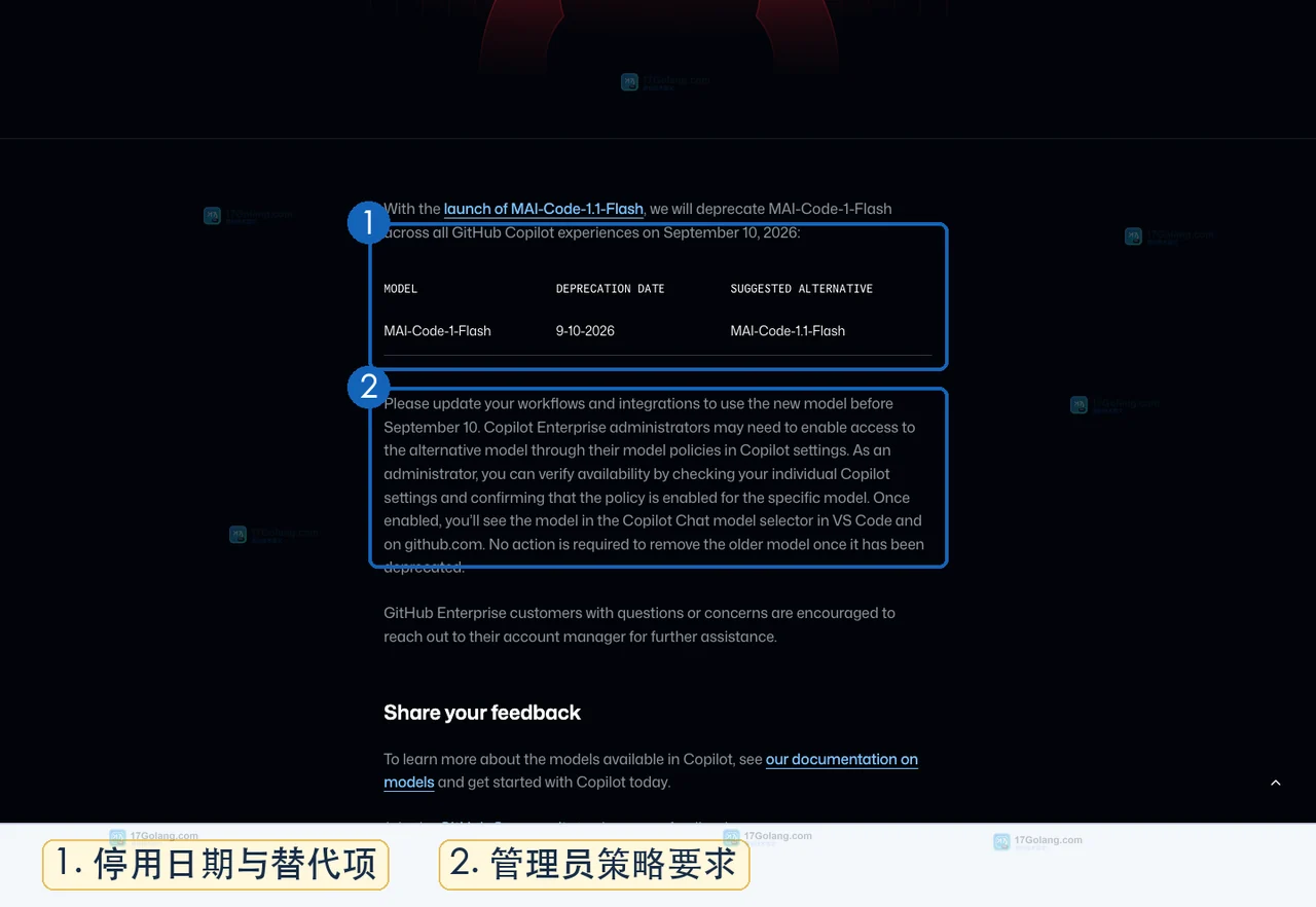 GitHub 官方变更日志中 MAI-Code-1-Flash 停用日期与替代模型说明