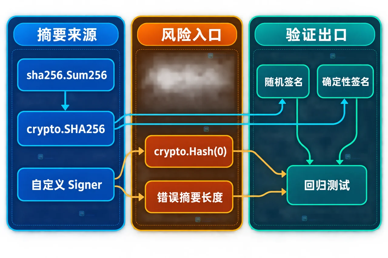 Go 1.27 ECDSA 自定义 Signer 与错误摘要长度审计静态框图