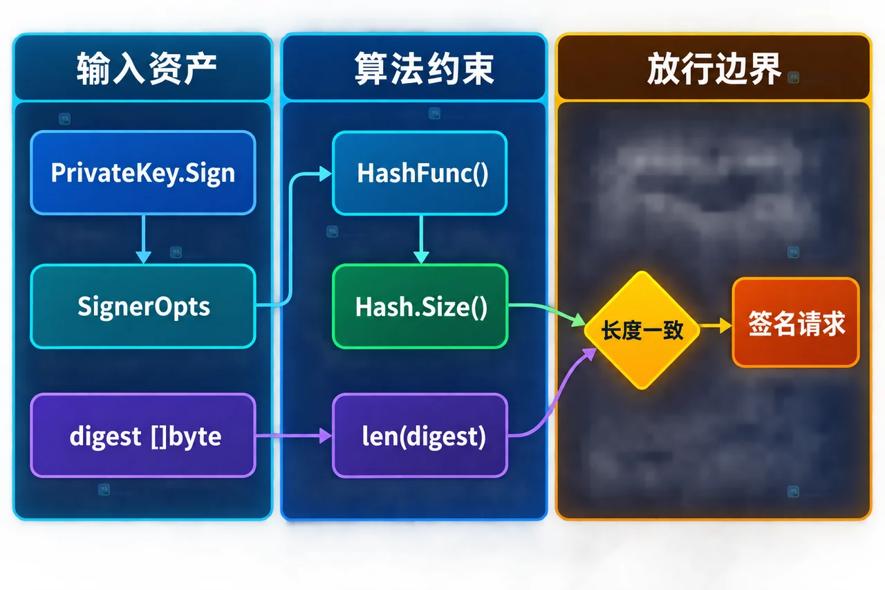 Go 1.27 ECDSA SignerOpts 哈希算法与摘要长度约束静态框图