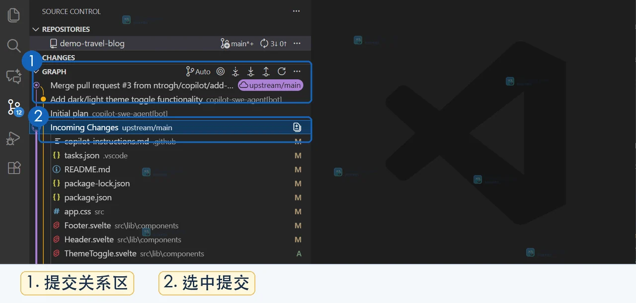 VS Code Source Control Graph 中的分支线、提交列表和选中提交界面