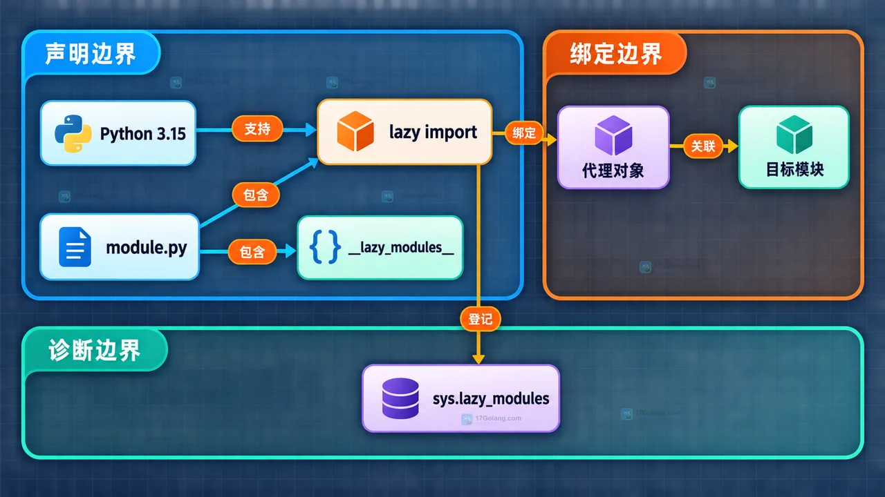 Python 3.15 模块声明、代理对象和诊断集合的静态关系框图