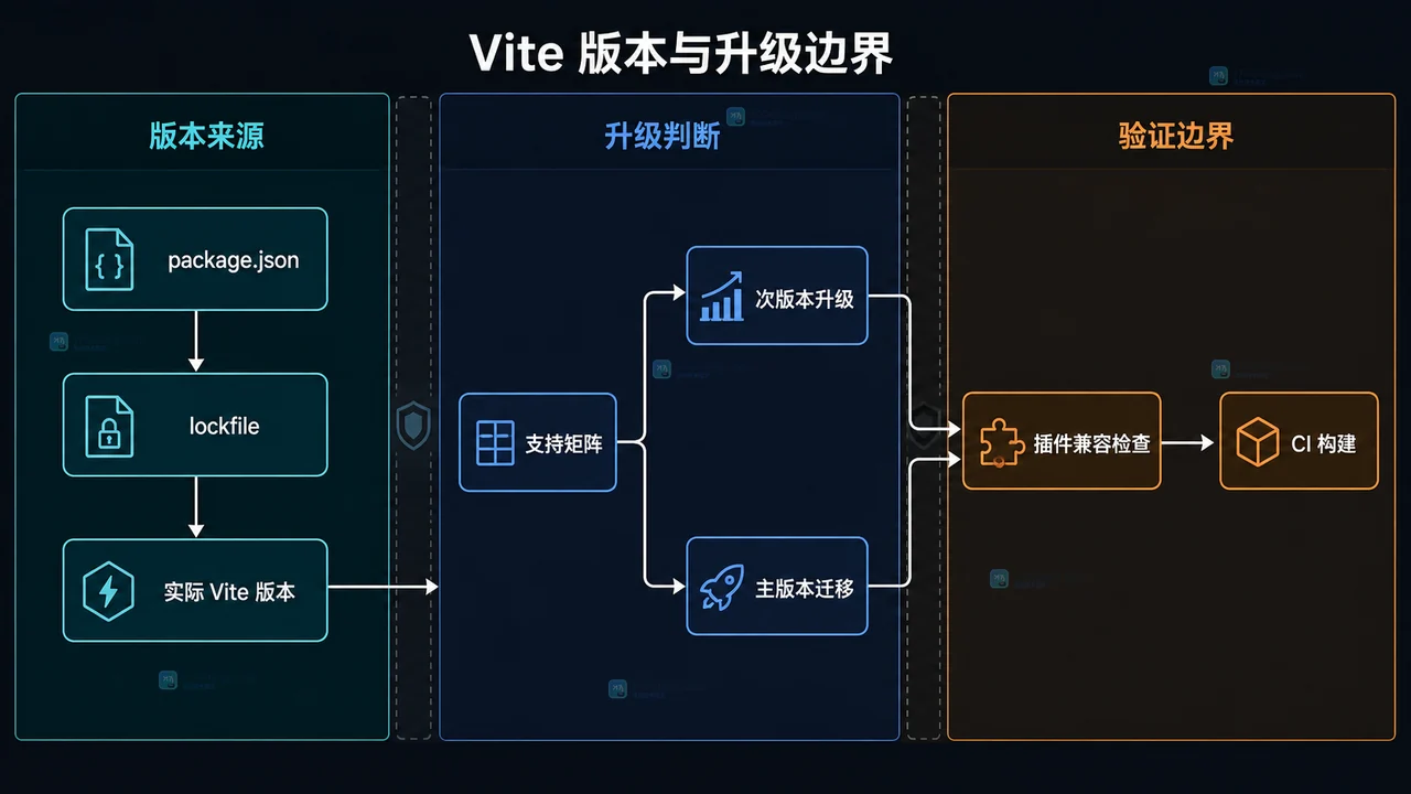 Vite 版本来源、升级判断与验证边界中文框图