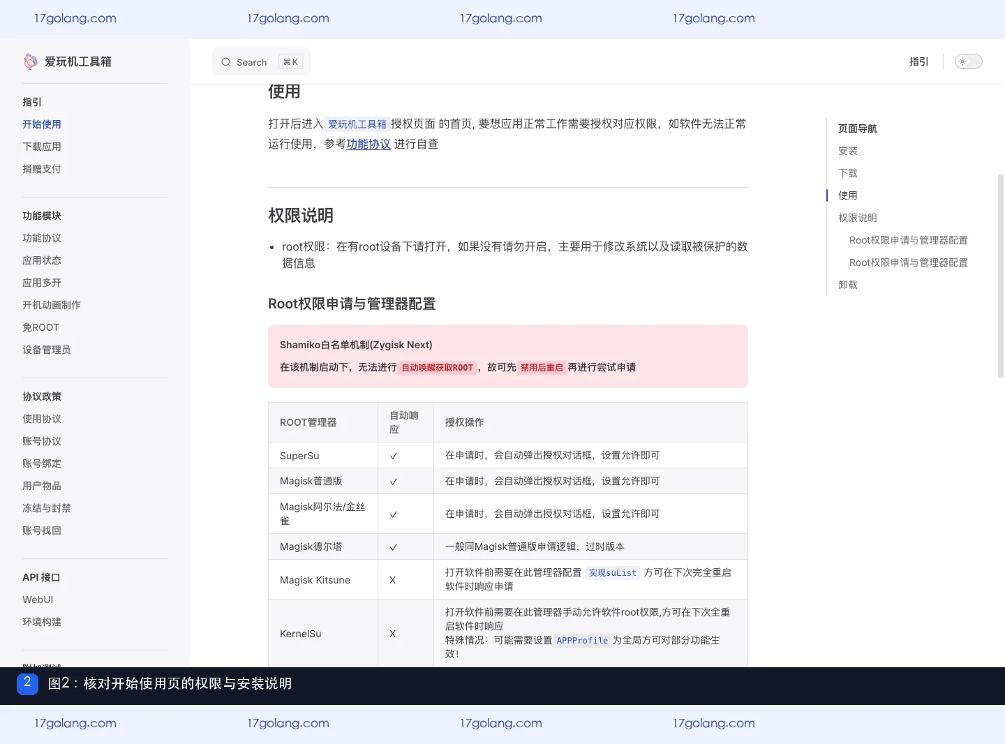 爱玩机工具箱官方开始使用页展示安装、Root和应用列表权限说明