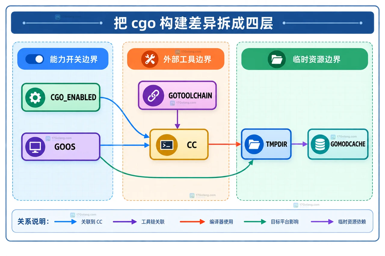 Go cgo 构建中 CGO_ENABLED、GOOS、CC、TMPDIR、GOMODCACHE 与 go build 的静态依赖边界图