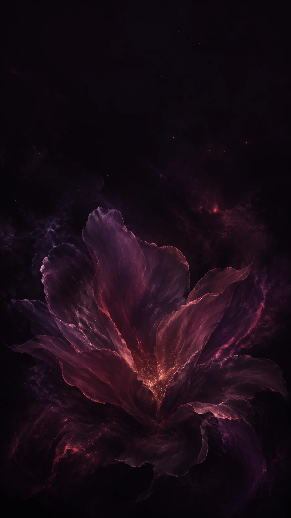 深梅色星云中的抽象花瓣手机锁屏壁纸，主体位于中下部并保留顶部暗色时钟留白
