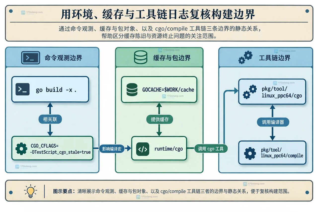 Go cgo_stale 证据链中 go build -x、CGO_CFLAGS、GOCACHE、runtime/cgo、cgo 与 compile 的静态关系图