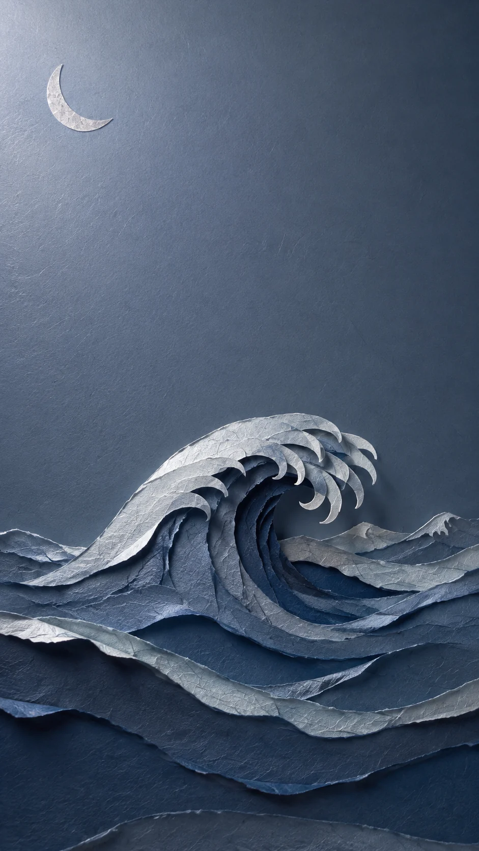 月光蓝灰纸雕海浪手机壁纸,纸张纤维和中下部层叠浪脊留出顶部锁屏空白