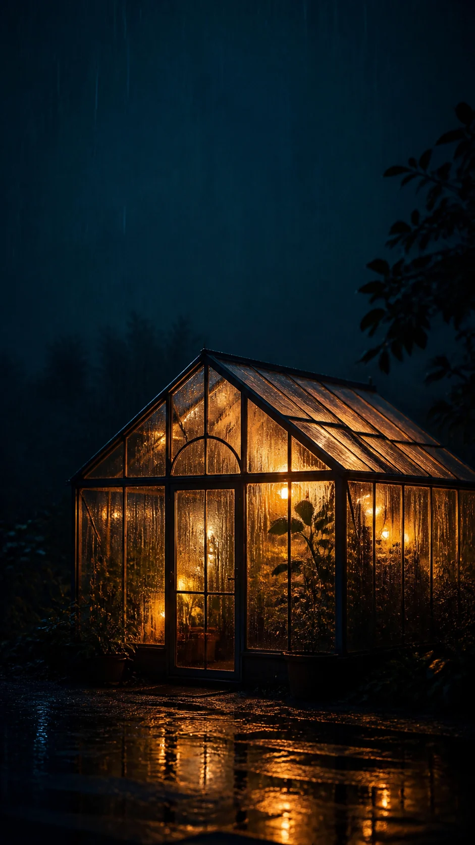 雨夜玻璃温室手机壁纸暖光变体,琥珀室内灯映在冷蓝湿玻璃上