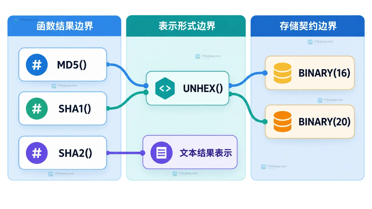 MySQL MD5 SHA1 SHA2 与 UNHEX 二进制存储列之间的长度和兼容边界关系图