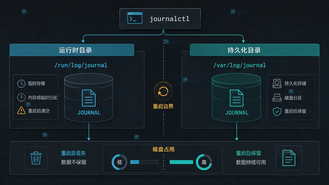 journalctl 运行时目录、持久化目录与重启边界的排查关系