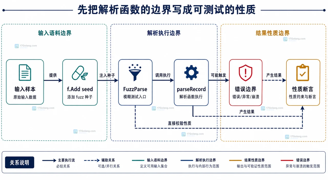 输入语料边界、解析执行边界和结果性质边界的 Go fuzz 静态关系图