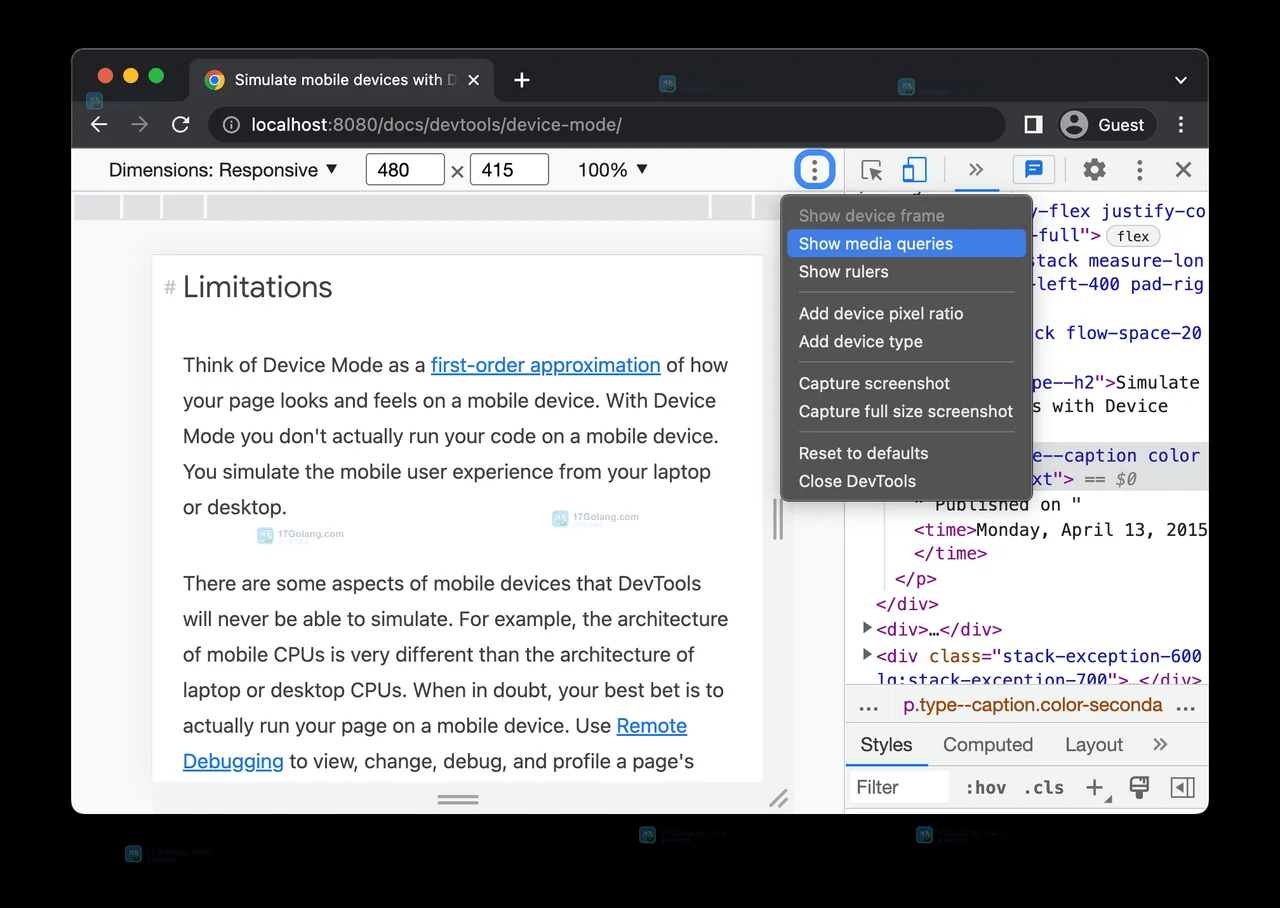 Chrome DevTools Device Mode 中显示媒体查询断点的官方截图