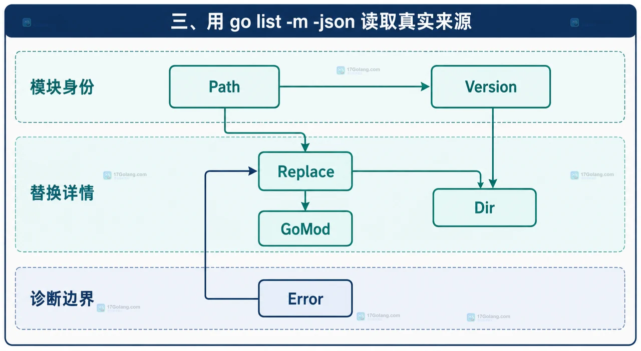 go list -m -json 字段与实际模块来源的静态关系框图